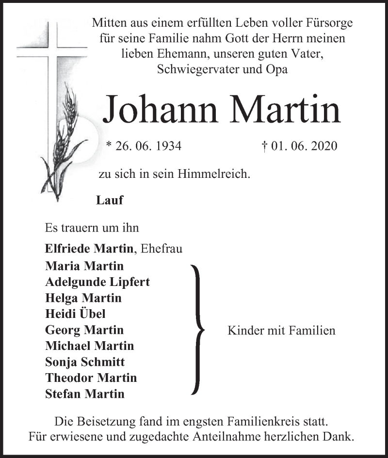  Traueranzeige für Johann Martin vom 06.06.2020 aus MGO