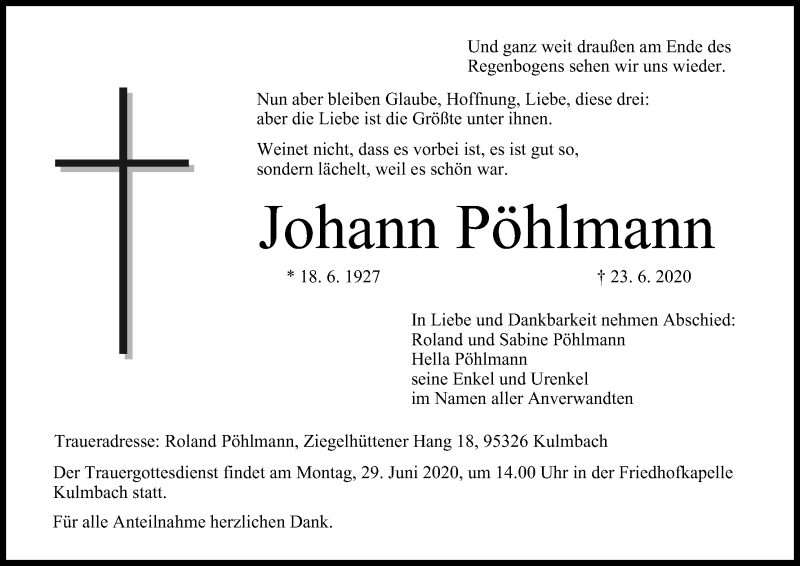  Traueranzeige für Johann Pöhlmann vom 27.06.2020 aus MGO