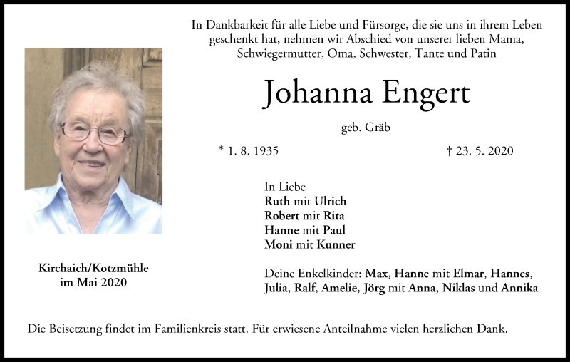  Traueranzeige für Johanna Engert vom 06.06.2020 aus MGO