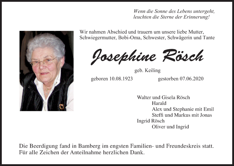  Traueranzeige für Josephine Rösch vom 13.06.2020 aus MGO
