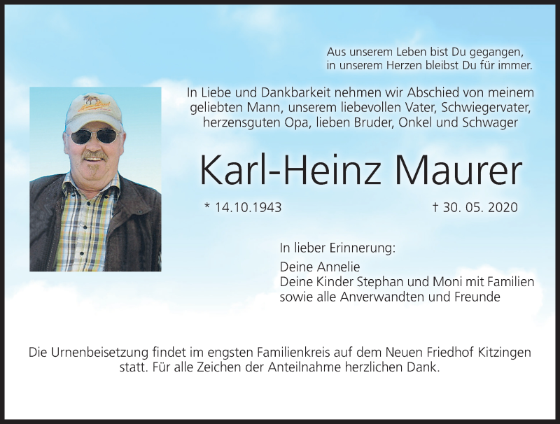  Traueranzeige für Karl-Heinz Maurer vom 06.06.2020 aus MGO