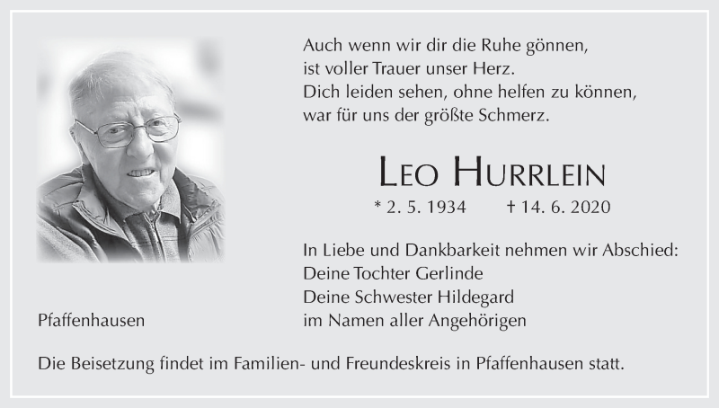  Traueranzeige für Leo Hurrlein vom 17.06.2020 aus MGO