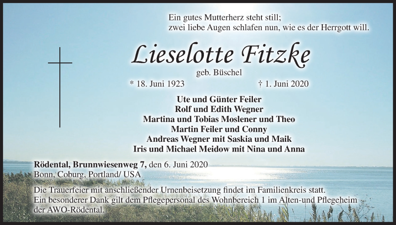  Traueranzeige für Lieselotte Fitzke vom 06.06.2020 aus MGO