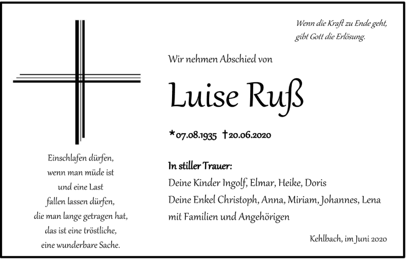  Traueranzeige für Luise Ruß vom 23.06.2020 aus MGO