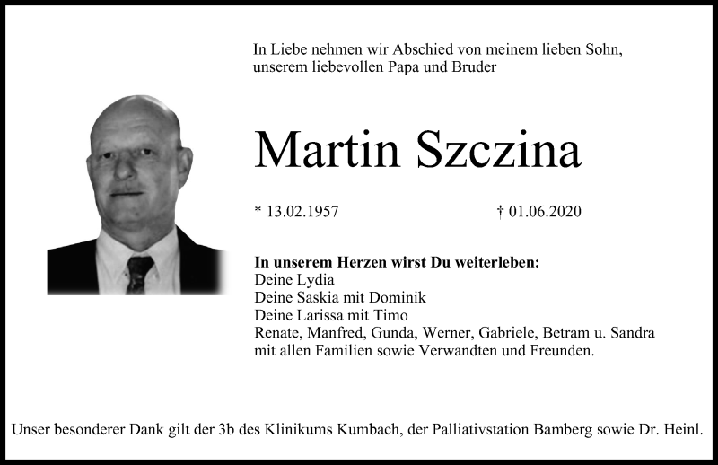  Traueranzeige für Martin Szczina vom 08.06.2020 aus MGO