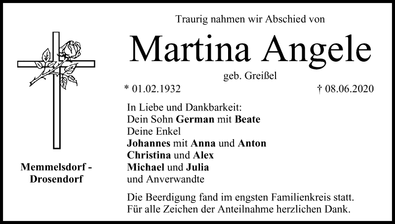  Traueranzeige für Martina Angele vom 13.06.2020 aus MGO