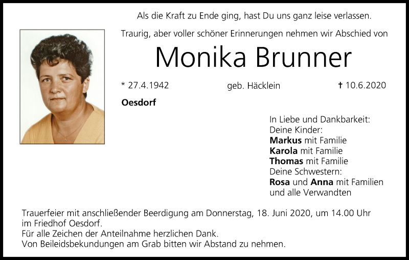  Traueranzeige für Monika Brunner vom 16.06.2020 aus MGO