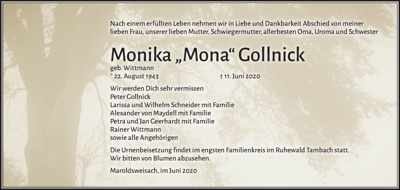  Traueranzeige für Monika  Gollnick vom 17.06.2020 aus MGO