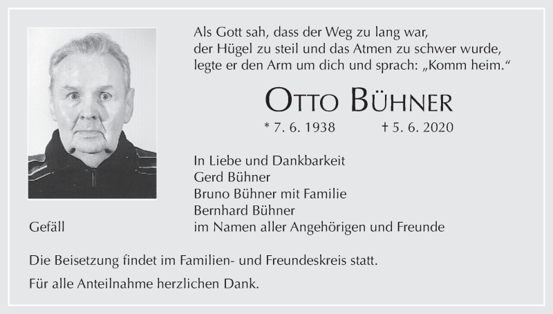  Traueranzeige für Otto Bühner vom 09.06.2020 aus MGO