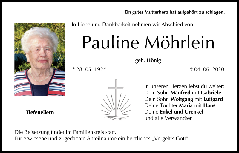 Traueranzeige für Pauline Möhrlein vom 06.06.2020 aus MGO