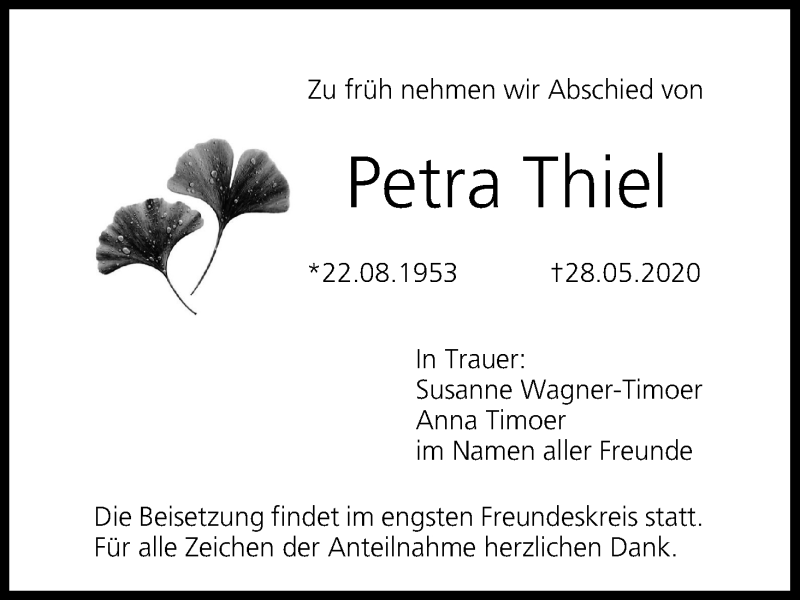  Traueranzeige für Petra Thiel vom 13.06.2020 aus MGO