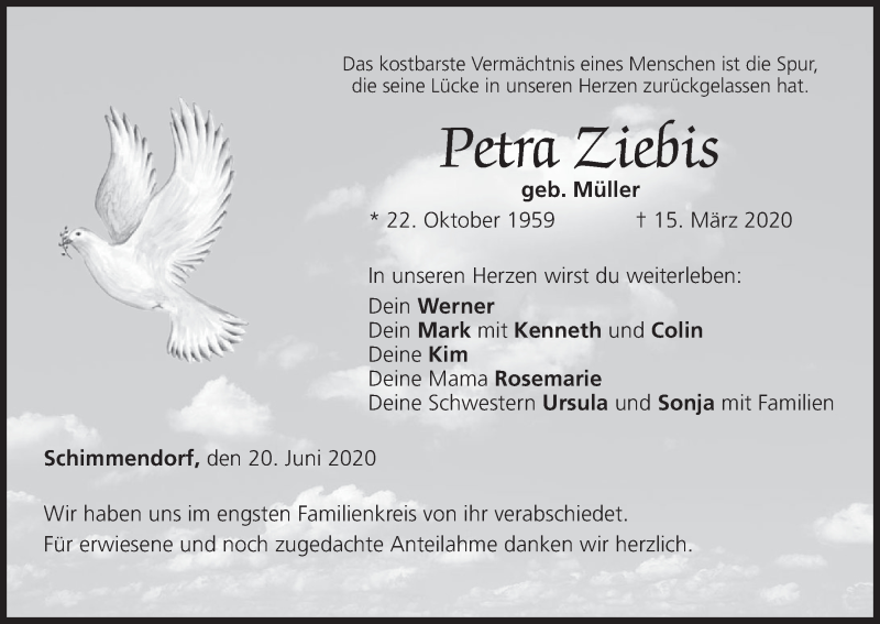  Traueranzeige für Petra Ziebis vom 20.06.2020 aus MGO