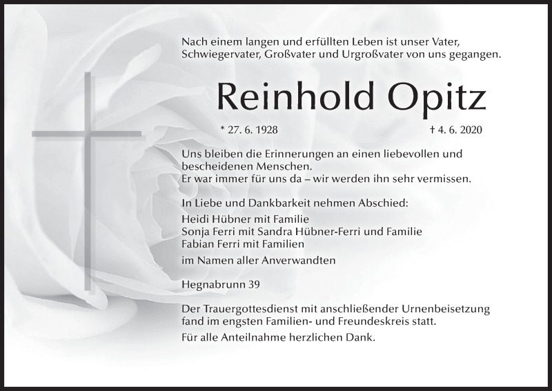  Traueranzeige für Reinhold Opitz vom 27.06.2020 aus MGO