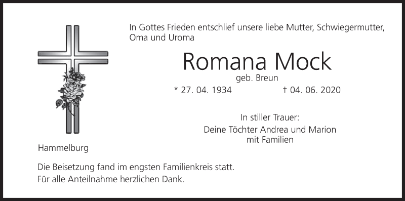  Traueranzeige für Romana Mock vom 24.06.2020 aus MGO