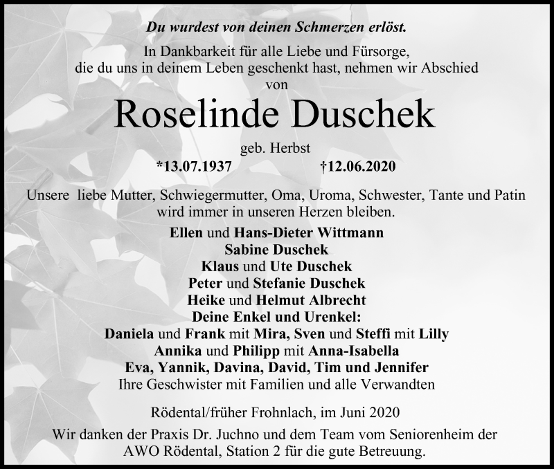  Traueranzeige für Roselinde Duschek vom 20.06.2020 aus MGO