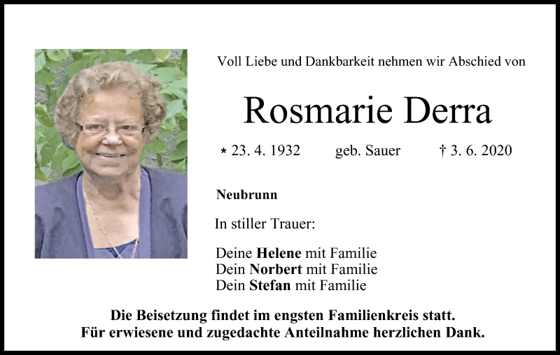  Traueranzeige für Rosmarie Derra vom 17.06.2020 aus MGO