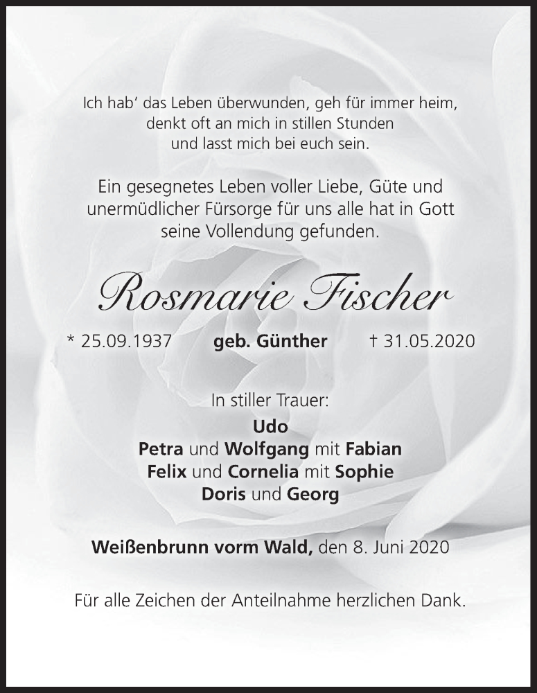  Traueranzeige für Rosmarie Fischer vom 08.06.2020 aus MGO