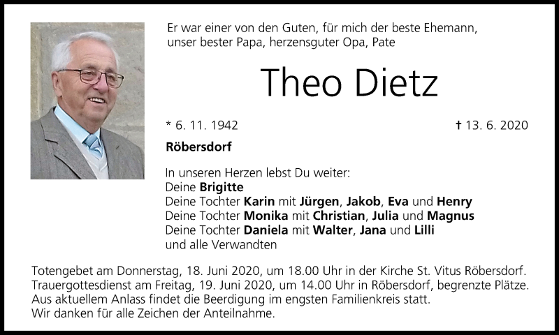  Traueranzeige für Theo Dietz vom 17.06.2020 aus MGO