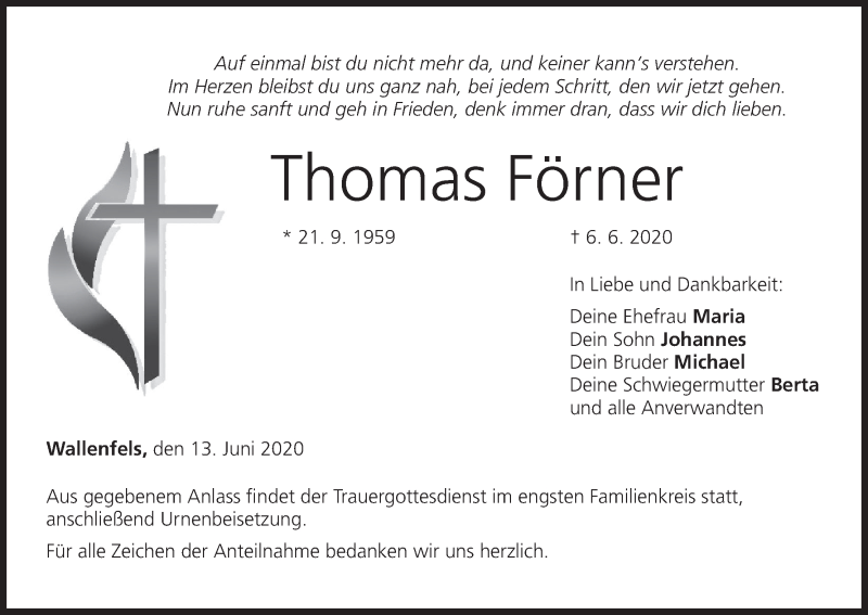  Traueranzeige für Thomas Förner vom 13.06.2020 aus MGO