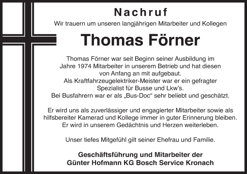  Traueranzeige für Thomas Förner vom 26.06.2020 aus MGO