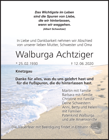 Anzeige von Walburga Achtziger von MGO