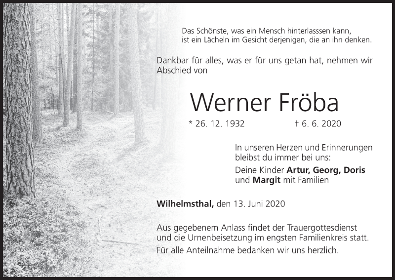  Traueranzeige für Werner Fröba vom 13.06.2020 aus MGO