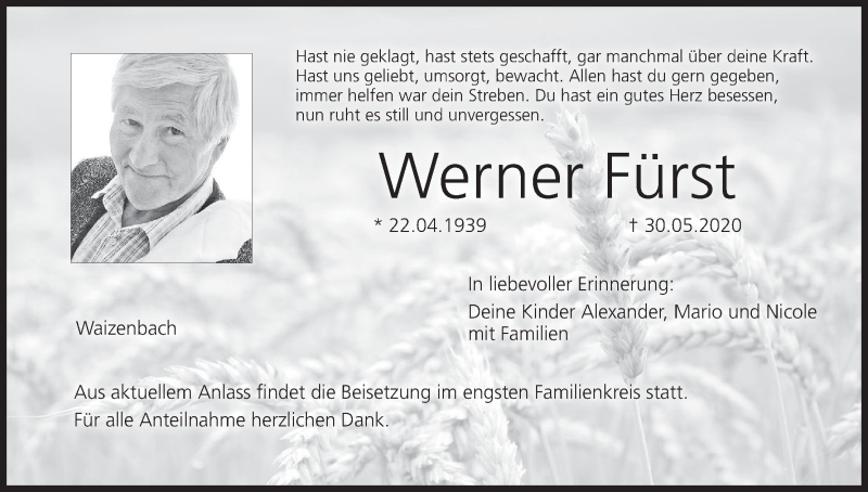  Traueranzeige für Werner Fürst vom 05.06.2020 aus MGO