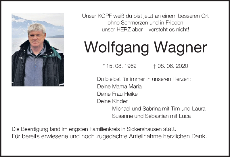  Traueranzeige für Wolfgang Wagner vom 20.06.2020 aus MGO