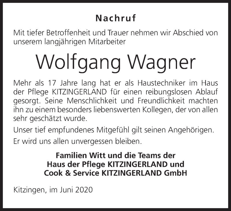  Traueranzeige für Wolfgang Wagner vom 20.06.2020 aus MGO