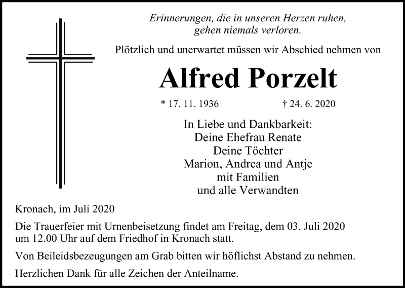  Traueranzeige für Alfred Porzelt vom 01.07.2020 aus MGO