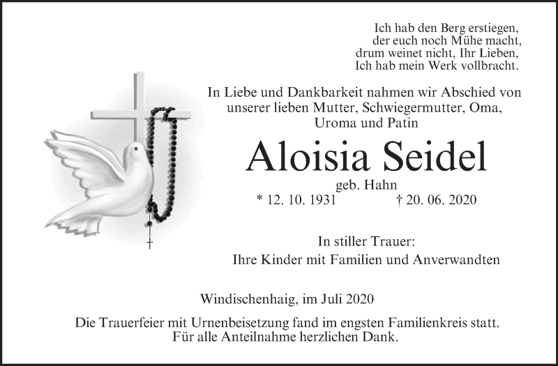  Traueranzeige für Aloisia Seidel vom 25.07.2020 aus MGO