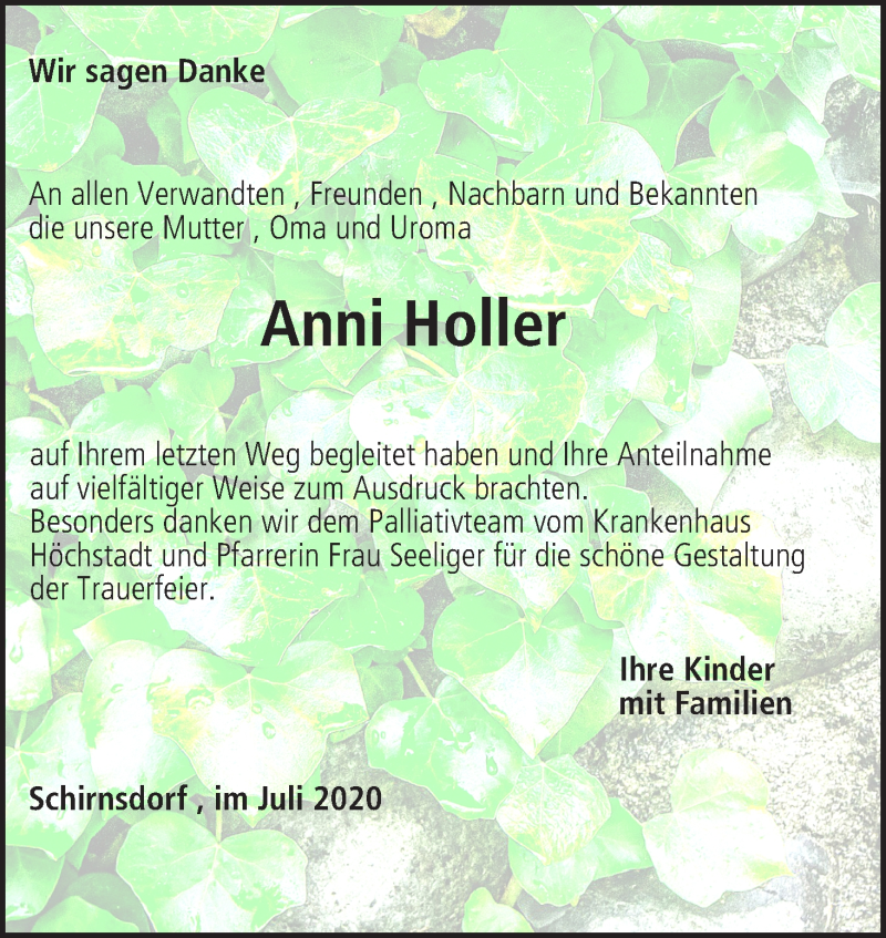  Traueranzeige für Anni Holler vom 25.07.2020 aus MGO