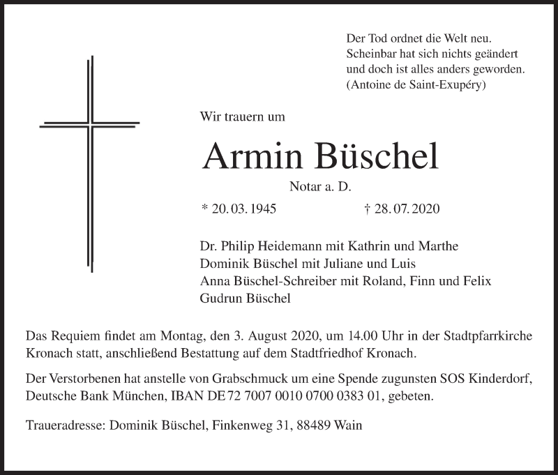  Traueranzeige für Armin Büschel vom 30.07.2020 aus MGO