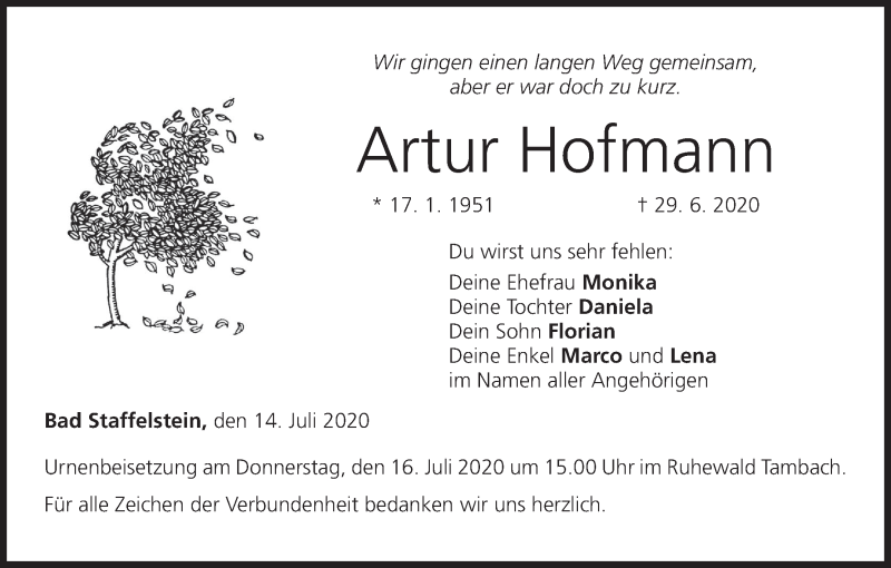  Traueranzeige für Artur Hofmann vom 14.07.2020 aus MGO