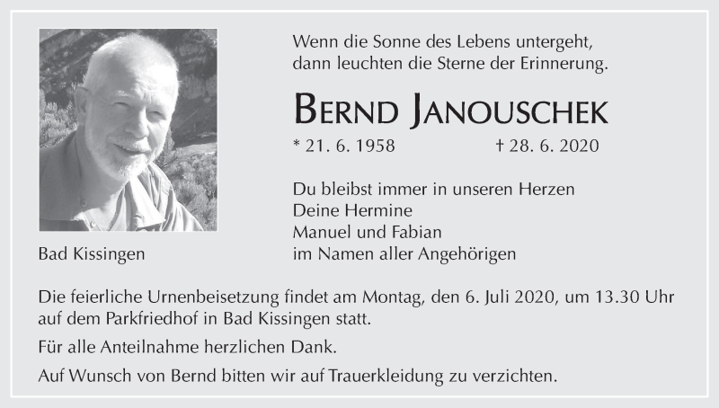  Traueranzeige für Bernd Janouschek vom 04.07.2020 aus MGO