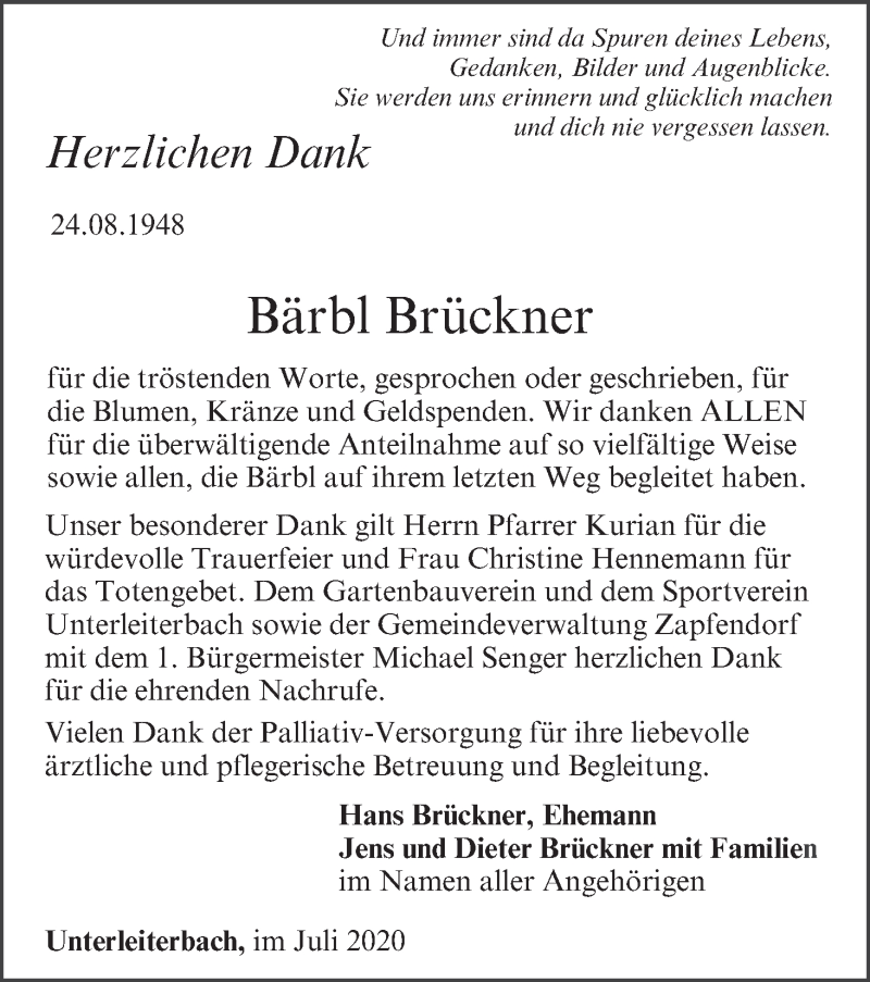  Traueranzeige für Bärbl Brückner vom 25.07.2020 aus MGO