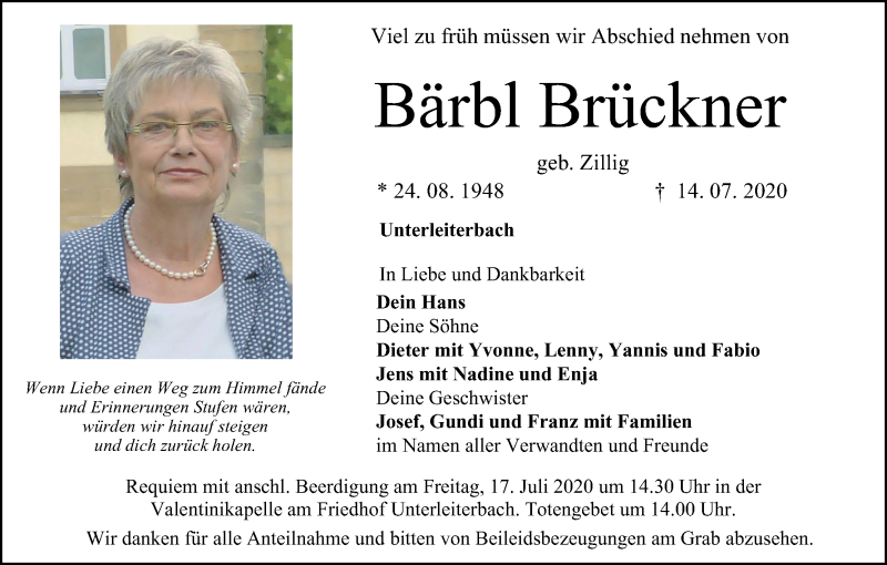  Traueranzeige für Bärbl Brückner vom 15.07.2020 aus MGO