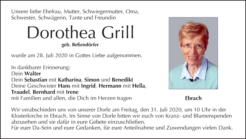  Traueranzeige für Dorothea Grill vom 30.07.2020 aus MGO