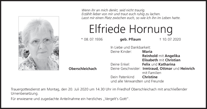  Traueranzeige für Elfriede Hornung vom 17.07.2020 aus MGO