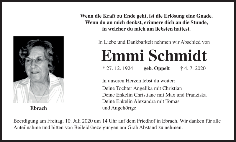  Traueranzeige für Emmi Schmidt vom 07.07.2020 aus MGO