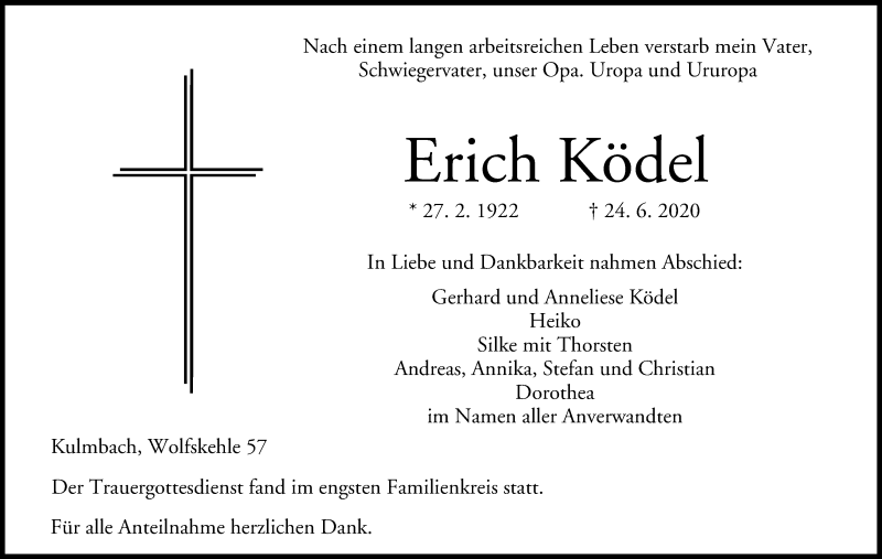  Traueranzeige für Erich Ködel vom 04.07.2020 aus MGO