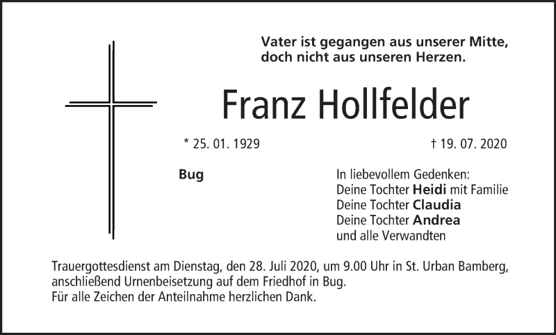  Traueranzeige für Franz Hollfelder vom 25.07.2020 aus MGO