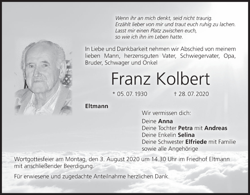  Traueranzeige für Franz Kolbert vom 31.07.2020 aus MGO