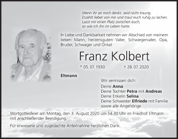 Anzeige von Franz Kolbert von MGO