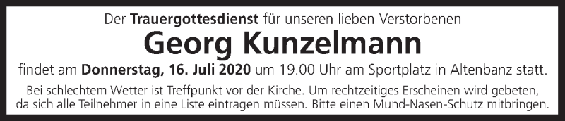  Traueranzeige für Georg Kunzelmann vom 11.07.2020 aus MGO