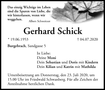 Anzeige von Gerhard Schick von MGO