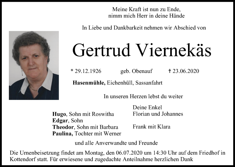  Traueranzeige für Gertrud Viernekäs vom 02.07.2020 aus MGO