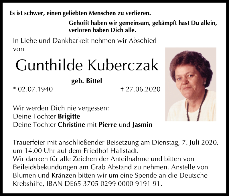  Traueranzeige für Gunthilde Kuberczak vom 02.07.2020 aus MGO