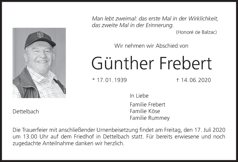  Traueranzeige für Günther Frebert vom 15.07.2020 aus MGO