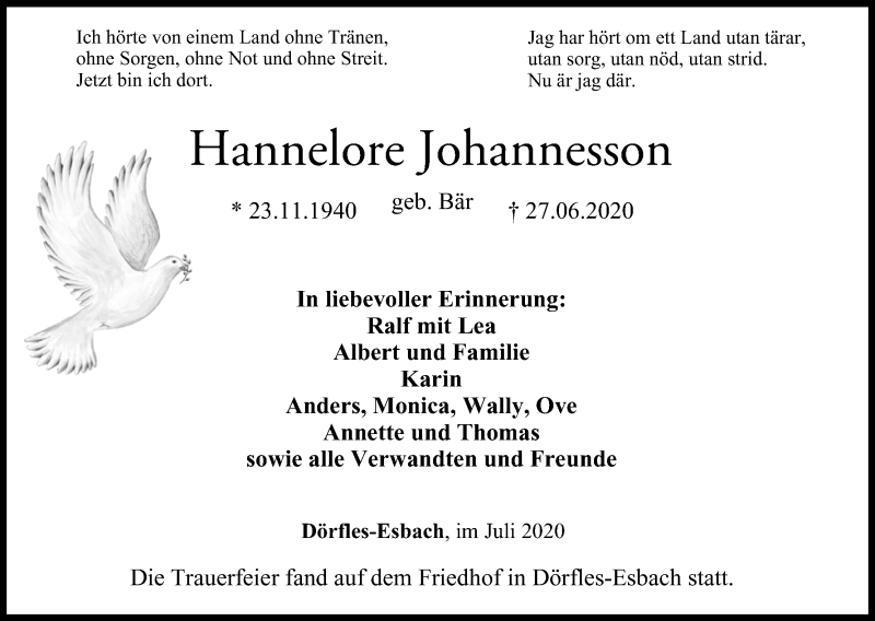  Traueranzeige für Hannelore Johannesson vom 11.07.2020 aus MGO
